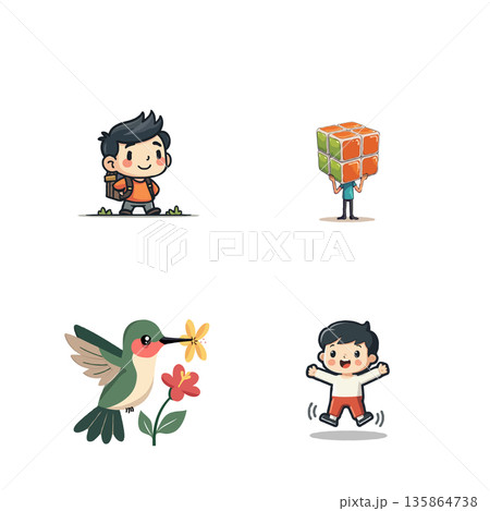 Collection of adorable cartoon characters featuring a boy with a flower, a boy with a cube, and a hummingbird. 135864738