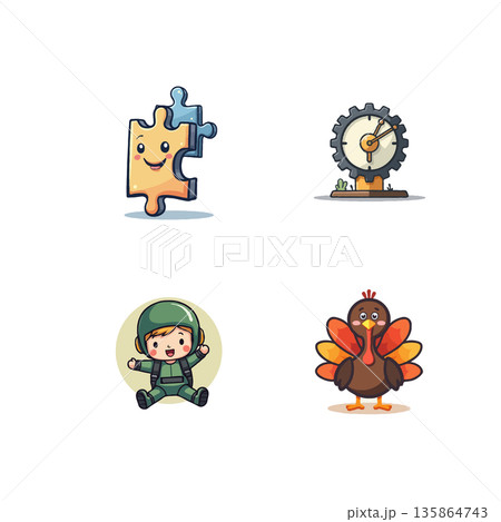 Set of cute cartoon icons illustration. Puzzle, clock, soldier and turkey isolated on white background. Vector design. 135864743