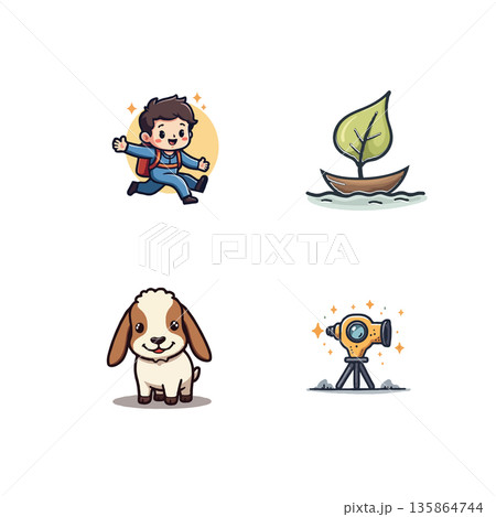 Collection of cute cartoon icons featuring a boy, boat, puppy, and telescope. Pixel art style, isolated on white. 135864744