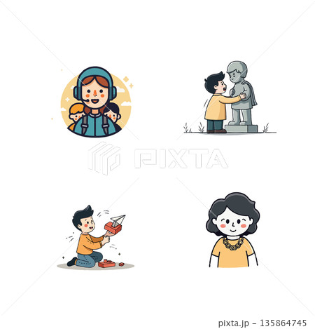 Collection of cartoon illustrations featuring children, including a customer service rep, boy hugging statue, kid playing with toys, and a smiling girl. 135864745