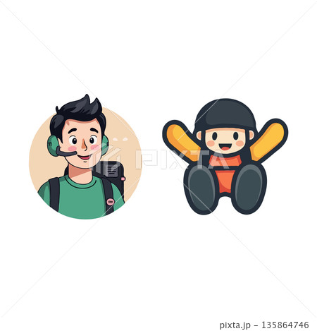 Illustration featuring a gamer with headset and a cute doll, perfect for digital art and character design projects. 135864746