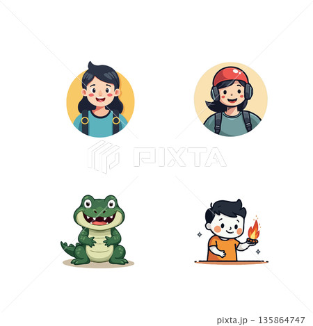 Set of cartoon illustrations featuring diverse characters and a cute alligator, perfect for children's books and designs. 135864747