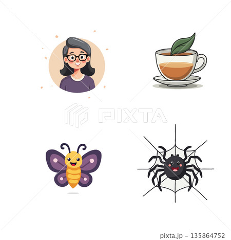 Adorable cartoon illustration set featuring a woman, tea cup, butterfly, and spider. Perfect for children's content. 135864752