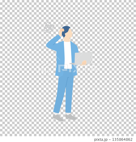 一位男性商務人士站在筆記型電腦前,憂心忡忡地看著工作。 一位男性商務人士站在筆記型電腦前,憂心忡忡地看著工作。 135864862