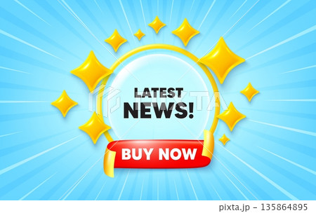 Latest news sunburst ray banner. Buy now flag ribbon. Latest news tag. Media newspaper sign. Daily information symbol. 3d stars glitter. Red ribbon tag. Discount offer. Vector 135864895