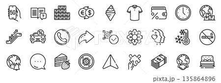 Internet notification, Bed and International delivery line icons pack. Share, Message, Paper plane icons. Escalator, Ice cream, Time web icon. Puzzle, Money exchange, Car leasing pictogram. Vector Internet notification, Bed and International delivery line icons pack. Share, Message, Paper plane icons. Escalator, Ice cream, Time web icon. Puzzle, Money exchange, Car leasing pictogram. Vector 135864896