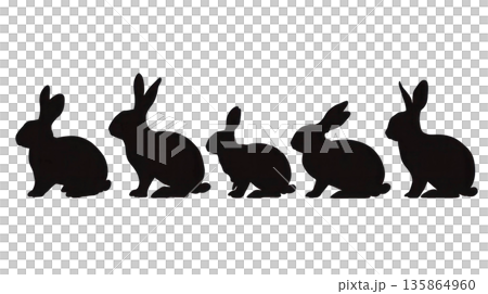 Silhouette of five rabbits in various positions, showcasing different postures and sizes. Isolated on transparent background. 135864960