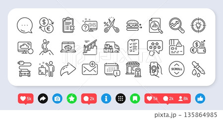 Analytics graph, Reject checklist and Stairs line icons pack. Social media: share, comment, like icons. Scroll down, Leadership, Recovery cloud web icon. Vector 135864985