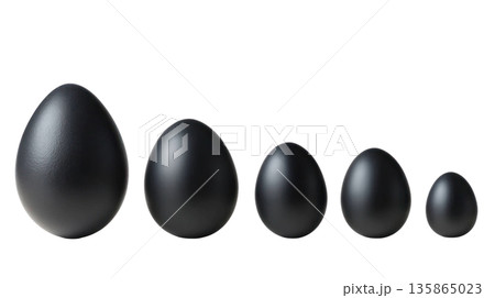 Black Easter eggs arranged in a gradient from large to small, showcasing various sizes and shapes for festive decoration or celebration. Isolated on transparent background. 135865023