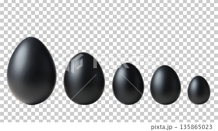 Black Easter eggs arranged in a gradient from large to small, showcasing various sizes and shapes for festive decoration or celebration. Isolated on transparent background. 135865023