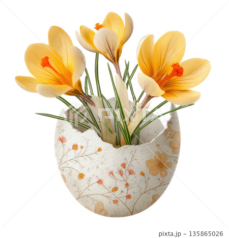 Yellow crocus flowers arranged in a decorative eggshell vase with floral patterns, symbolizing Easter and springtime celebrations. Isolated on transparent background. 135865026