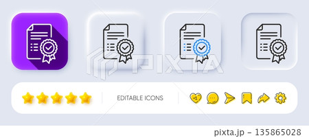Certificate line icon. Neumorphic, Flat shadow, 3d buttons. Verified document sign. Accepted or confirmed symbol. Line certificate icon. Social media icons. Vector 135865028