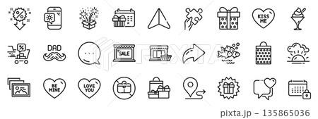 Marketplace, Discounts cart and Gift box line icons pack. Share, Message, Paper plane icons. Puzzle, Ice cream, Be mine web icon. Weather phone, Photo album, Surprise gift pictogram. Vector 135865036