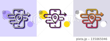 GPS line icon. Halftone dotted pattern. Gradient icon with grain shadow. Phone navigation map sign. Journey road symbol. Line gps icon. Various designs. Vector 135865046