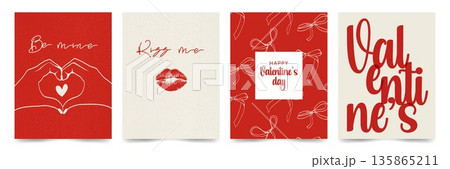 Valentine’s Day posters in red and cream colors. Whimsical illustrations, romantic typography, playful love symbols create a warm, cozy and festive mood. Perfect for posts, stories, cards, promotions. Valentine’s Day posters in red and cream colors. Whimsical illustrations, romantic typography, playful love symbols create a warm, cozy and festive mood. Perfect for posts, stories, cards, promotions. 135865211