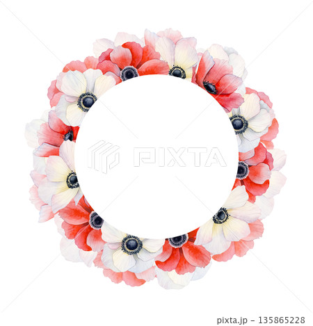 Red and white poppies round frame template with copy space for stickers and floral labels. Spring anemone flowers wreath watercolor clip art for Valentine's greeting cards and Mother's Day designs Red and white poppies round frame template with copy space for stickers and floral labels. Spring anemone flowers wreath watercolor clip art for Valentine's greeting cards and Mother's Day designs 135865228