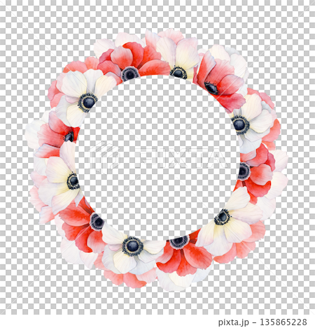 Red and white poppies round frame template with copy space for stickers and floral labels. Spring anemone flowers wreath watercolor clip art for Valentine's greeting cards and Mother's Day designs Red and white poppies round frame template with copy space for stickers and floral labels. Spring anemone flowers wreath watercolor clip art for Valentine's greeting cards and Mother's Day designs 135865228