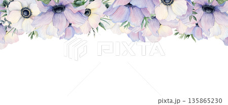 Pastel violet and white filed poppies watercolor upper banner. Light purple anemone flowers hand drawn isolated illustration. Botanical floral horizontal template with wildflowers for spring designs Pastel violet and white filed poppies watercolor upper banner. Light purple anemone flowers hand drawn isolated illustration. Botanical floral horizontal template with wildflowers for spring designs 135865230