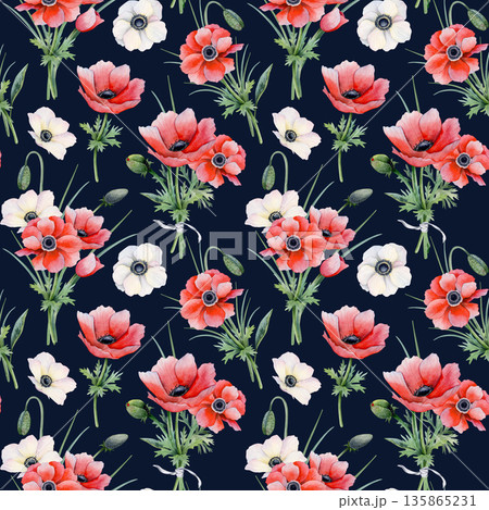 Red poppies blooming field watercolor seamless pattern on black for stylish spring designs. Botanical floral hand drawn repeat background with anemones flowers for delicate fabrics and wallpapers 135865231