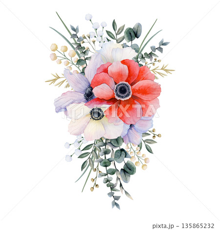 Watercolor vertical bouquet of wildflowers with eucalyptus and grass isolated illustration. Red, white and pastel violet poppies wedding clip art. Field anemones flowers for spring floral designs 135865232