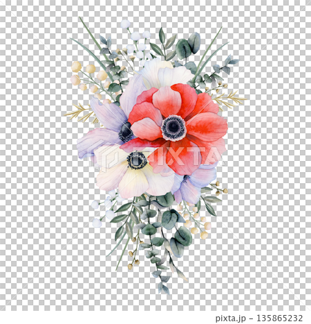 Watercolor vertical bouquet of wildflowers with eucalyptus and grass isolated illustration. Red, white and pastel violet poppies wedding clip art. Field anemones flowers for spring floral designs 135865232