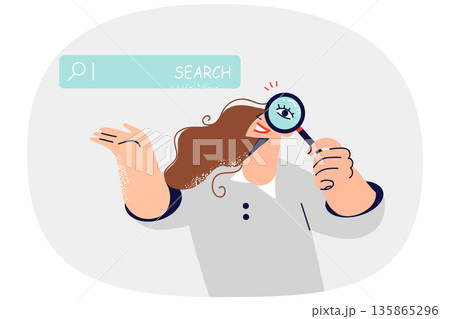 Woman journalist uses search bar on internet to find answer to question, holding magnifying glass Woman journalist uses search bar on internet to find answer to question, holding magnifying glass 135865296
