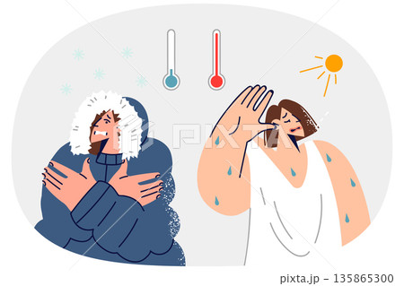 Sudden changes weather cause suffering in woman, sweating from heat or shivering from cold 135865300