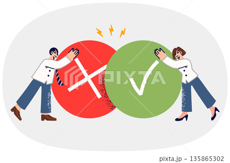 Two office workers compare pros and cons new strategy while standing near large pros and cons icons 135865302