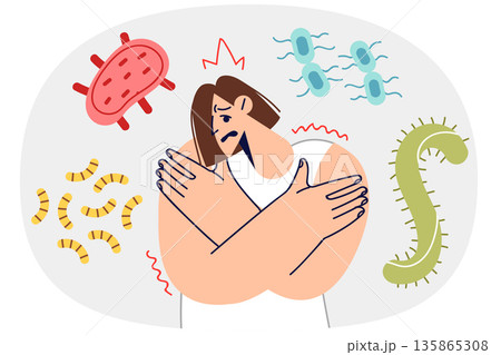 Woman with weak immunity stands among bacteria and viruses or worms, and needs vitamins 135865308
