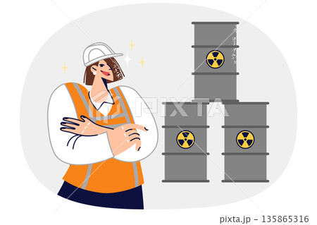 Woman stands near barrels of radioactive waste, calling for proper handling of toxic substances Woman stands near barrels of radioactive waste, calling for proper handling of toxic substances 135865316