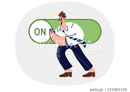 Business man presses switch to launch new advertising campaign to attract customers for corporation Business man presses switch to launch new advertising campaign to attract customers for corporation 135865320
