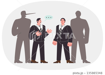 Deception in business negotiations between man and swindler, standing near shadow with long nose 135865348