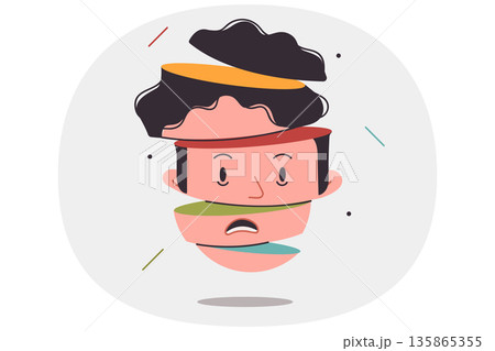 Head is man with personality disorder and psychological problems, with face divided into parts 135865355