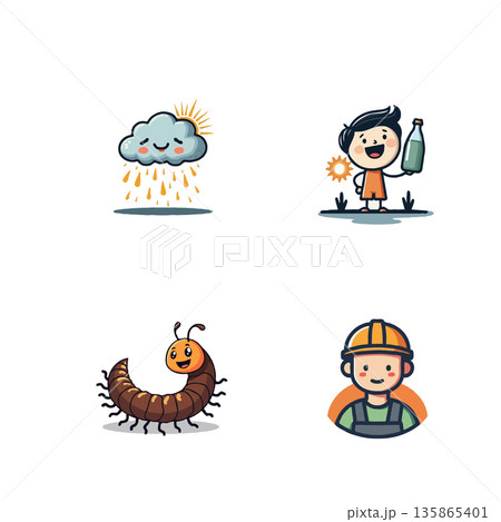 A set of four cute cartoon icons featuring a rain cloud, a boy with a drink, a centipede, and a construction worker. 135865401