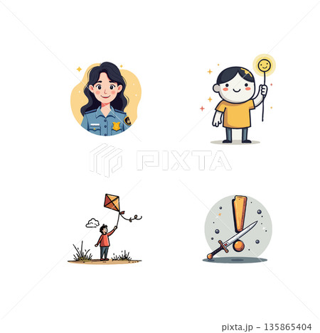 A collection of diverse cartoon characters and symbols, including a police officer, a happy person, a kite flyer, and a warning sign. A collection of diverse cartoon characters and symbols, including a police officer, a happy person, a kite flyer, and a warning sign. 135865404