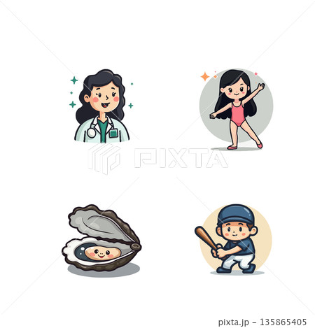 Adorable cartoon illustration featuring a doctor, ballerina, oyster with pearl, and baseball player. Perfect for children's content and cute designs. Adorable cartoon illustration featuring a doctor, ballerina, oyster with pearl, and baseball player. Perfect for children's content and cute designs. 135865405