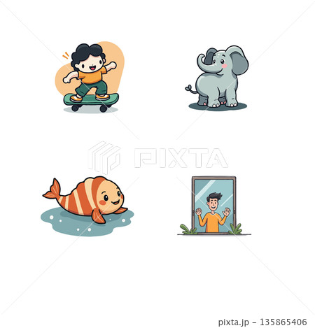 Illustration of cartoon characters, including a boy on a skateboard, an elephant, a fish, and a man in a mirror. 135865406