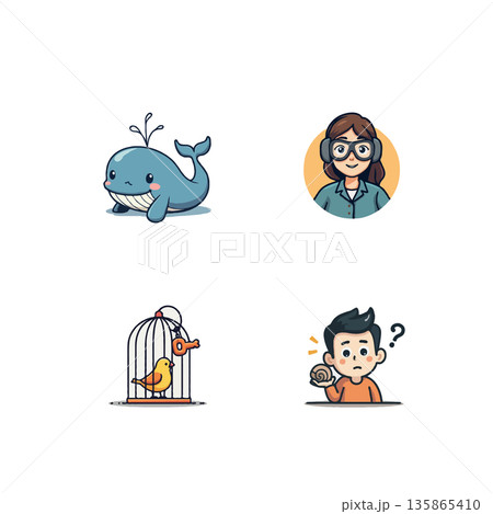 Collection of adorable pixel art icons featuring a whale, woman with headphones, bird in cage, and boy with snail. Collection of adorable pixel art icons featuring a whale, woman with headphones, bird in cage, and boy with snail. 135865410