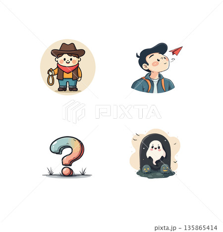 Collection of four cartoon characters: a cowboy, a boy blowing a paper airplane, a question mark, and a ghost. Collection of four cartoon characters: a cowboy, a boy blowing a paper airplane, a question mark, and a ghost. 135865414