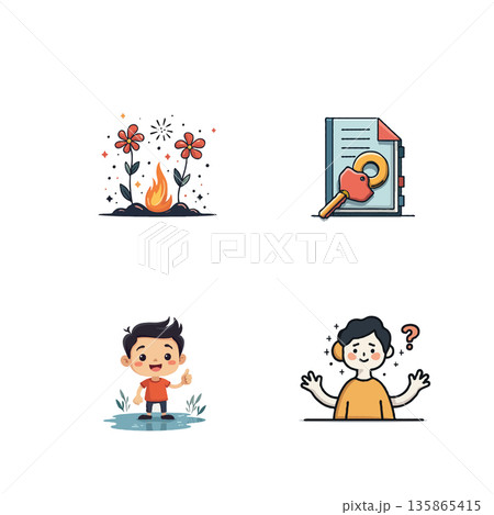 Collection of four diverse cartoon illustrations featuring nature, security, positivity, and curiosity in a playful style. Collection of four diverse cartoon illustrations featuring nature, security, positivity, and curiosity in a playful style. 135865415