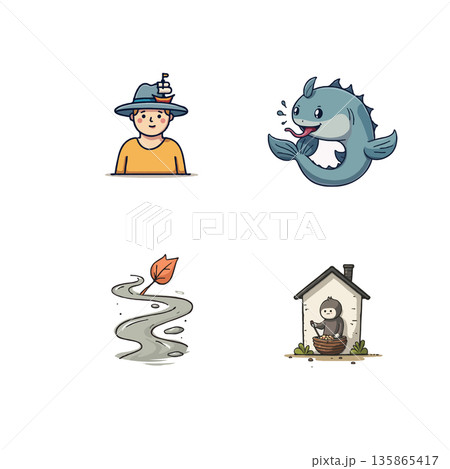 Collection of four cartoon illustrations featuring a person with a boat hat, a sea monster, a leaf on a path, and a character in a boat house. Collection of four cartoon illustrations featuring a person with a boat hat, a sea monster, a leaf on a path, and a character in a boat house. 135865417