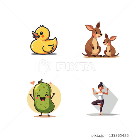 Vector illustration set featuring a yellow duck, kangaroos, a happy pickle, and a woman in a yoga pose. Ideal for kids' content. 135865426