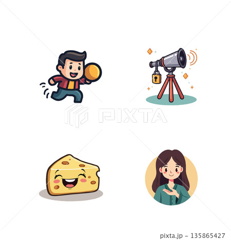 Collection of cute cartoon characters featuring a boy playing, a telescope, a happy cheese slice, and a friendly woman. 135865427