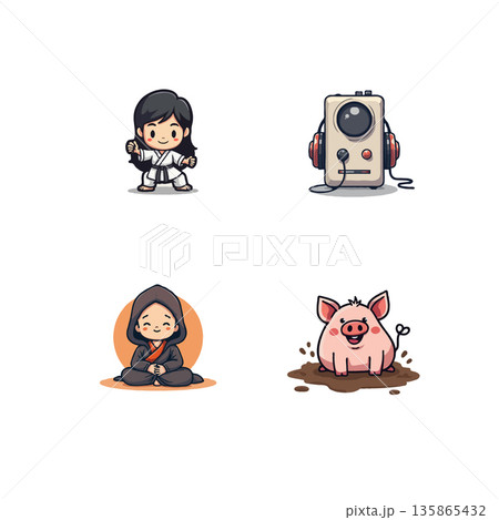 Collection of adorable cartoon characters including a martial artist, music player, meditating monk, and playful pig. 135865432