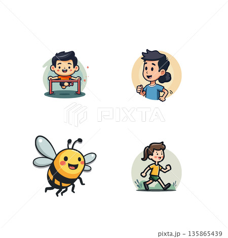 Collection of cartoon vector illustrations depicting children engaged in various physical activities, promoting healthy lifestyles. Collection of cartoon vector illustrations depicting children engaged in various physical activities, promoting healthy lifestyles. 135865439