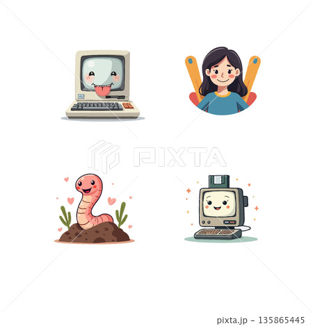 Collection of vector illustrations featuring adorable retro computer characters and a bookish girl, perfect for tech or education themes. Collection of vector illustrations featuring adorable retro computer characters and a bookish girl, perfect for tech or education themes. 135865445