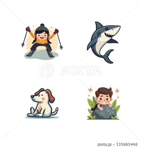 Collection of cute cartoon characters including a skier, shark, dog, and boy hiding behind a rock. Vector illustration. Collection of cute cartoon characters including a skier, shark, dog, and boy hiding behind a rock. Vector illustration. 135865448