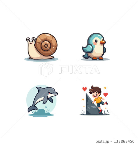 Collection of pixel art images featuring a snail, penguin, dolphin, and a boy climbing a rock. Cute and colorful. 135865450