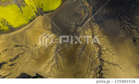 Aerial View of Volcanic Landscape with Rivers in Iceland 135865516