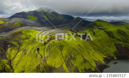Aerial View of Icelandic Volcanic Landscape with Moss Covered Peaks Aerial View of Icelandic Volcanic Landscape with Moss Covered Peaks 135865517